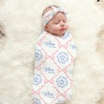 Personalised Pink Bows Floral Swaddle Blanket Hat Headband Set with Text Soft Baby Girl Shower Photography Gift for Baby Newborn