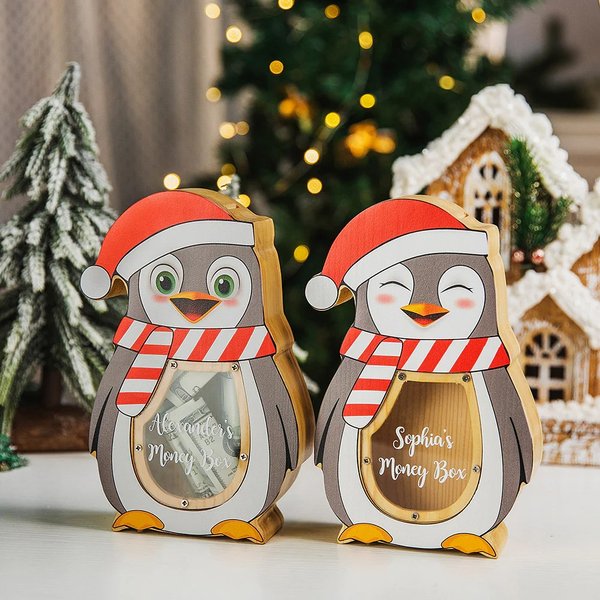 Tirelire en Bois Style Noël Image Pingouin mignon Cadeau Noël pour Enfants