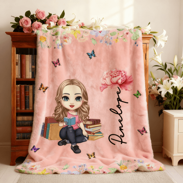 Personalizzato lettura Cartoon personaggio nascita fiore morbido coperta con nome Home Decor Compleanno regalo di Natale per gli amanti del libro Bookworm