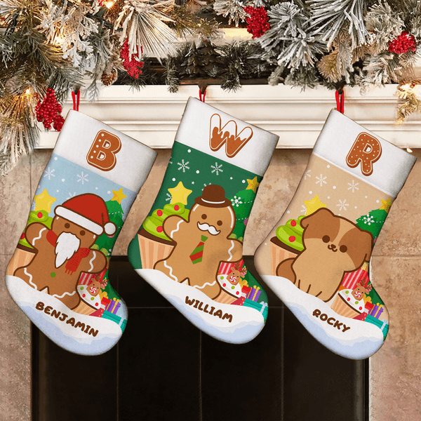 Personalised Multicolour Christmas Tree Gingerbread Man Christmas Stocking with Initial Christmas Home Decor Birthday Gift for Friend Family