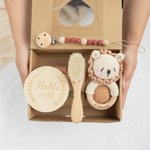 Personalised Cute Crochet Animal Baby Rattle Dummy Clip Swaddle Comb Set with Engraved Name and Gift Box Baby Shower Birthday Gift for Newborn
