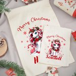Spersonalizowana torba na prezenty Merry Christmas Fantasy Unicorn Drawstring Gift Bag z imieniem na Wigilię dla dziewczynek, chłopców i dzieci