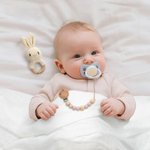 Personalised Cute Crochet Animal Baby Rattle Dummy Clip Swaddle Comb Set with Engraved Name and Gift Box Baby Shower Birthday Gift for Newborn