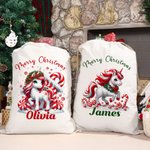 Spersonalizowana torba na prezenty Merry Christmas Fantasy Unicorn Drawstring Gift Bag z imieniem na Wigilię dla dziewczynek, chłopców i dzieci