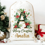 Personlig Holly Initial Canvas Presentpåse med dragsko och namn Julklapp till vänner Familj