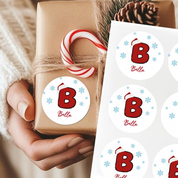 Personalized Snowflake Santa Hat Initial Waterproof Stickers Labels with Name Gift Decor Christmas Party Favors for Kids