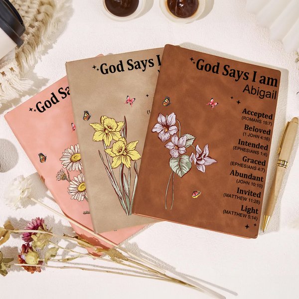 Personalised God Says I Am Name Meaning on Bible Verse A5 Leather Cover Notebook Baptism Thanksgiving Gift for Family Christians