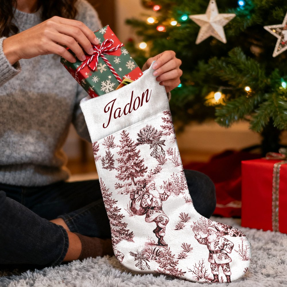Gepersonaliseerde Toile De Jouy Kerstman Rendier Notenkraker Kerstsok met Naam Home Decor Kerstcadeau voor Kinderen Familie Vrienden 5