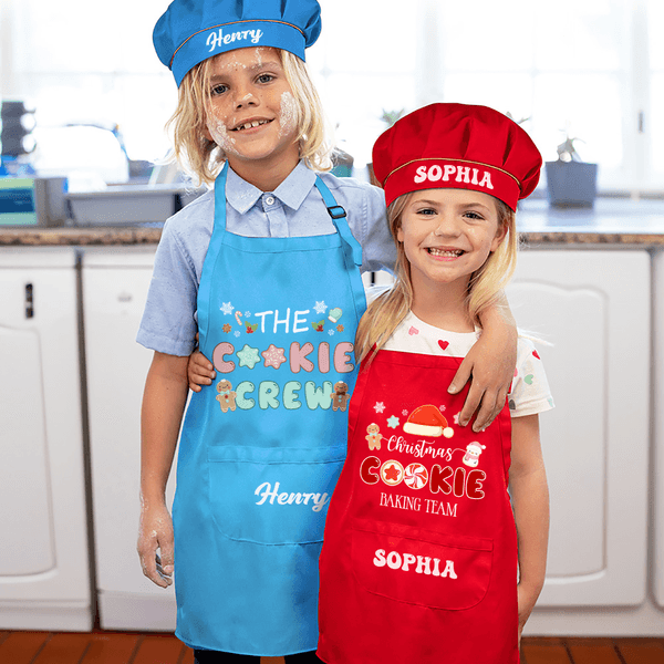 Personalised Biscuit Theme Gingerbread Man Snowman Adjustable Kid Apron Chef Hat Set with Pocket for Cooking Christmas Gift for Boys Girls