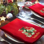 Personalized Holly Initial 100% Cotton Red Table Napkin with Name Table Decor Christmas Gift for Family Friend