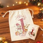 Personifierad söt snögubbe ren jultomten Canvas presentpåse med dragsko och namn och årtal Första julfestprylar för baby