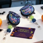 Personalised Witch's Magic Cauldron Glitter Acrylic Badge Clip with Text Party Gift for Lab Technician Friend