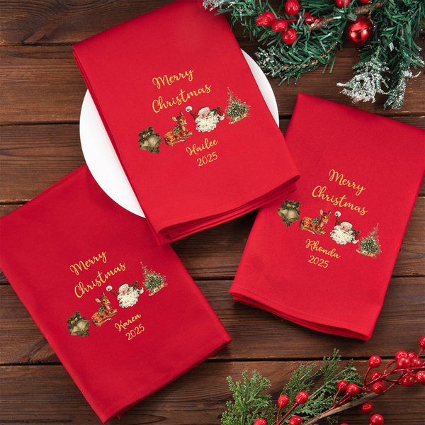 Personalized Elk Christmas Tree Bell Santa Claus 100% Cotton Red Napkin with Name Table Decor Christmas Gift for Family Friend