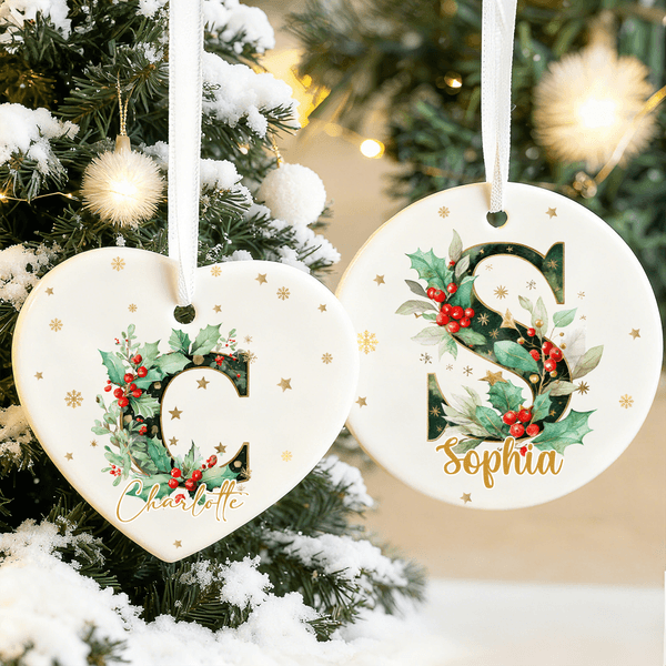 Personalized Holly Initial Ceramic Christmas Ornament with Name Home Tree Decor Christmas Gift for Family Friend