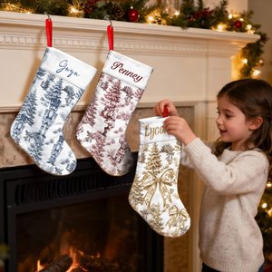 Bas de Noël Personnalisé avec Nom et Motif Style de Toile de Jouy Décoration Maison Cadeau de Noël pour Enfants Famille Amis