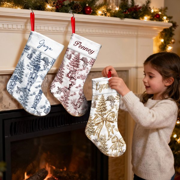 Personalized Toile De Jouy Santa Claus Reindeer Nutcracker Christmas Stocking with Name Home Decor Christmas Gift for Kids Family Friends