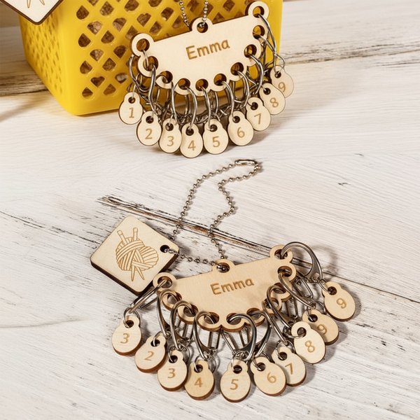 Personalised Removable Wooden Counting Number Stitch Markers Charm with Engraved Name and Holder Birthday Gift for Crochet Knitting Lovers
