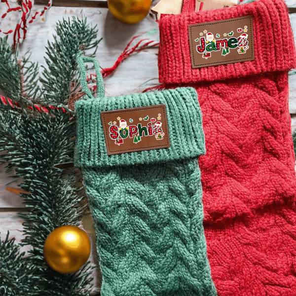 Personalised Vintage PU Leather Patch Santa Claus Christmas Stocking with Name Fireplace Decor Christmas Party Christmas Gift for Family Kids