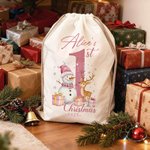 Personifierad söt snögubbe ren jultomten Canvas presentpåse med dragsko och namn och årtal Första julfestprylar för baby
