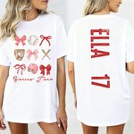 Personalised Bow Baseball Multicolour T-shirt Sweatshirt Hoodie with Name and Number Christmas Game Day Gift for Women Friends