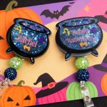 Personalised Witch's Magic Cauldron Glitter Acrylic Badge Clip with Text Party Gift for Lab Technician Friend
