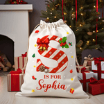 Personalised Christmas Sweets Cane Initial Canvas Drawstring Gift Bag with Name Christmas Gift for Family Friends
