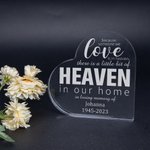 Cielo personalizado en nuestra casa en forma de corazón transparente grabado acrílico placa de recuerdo Memorial Day regalo para miembro de la familia