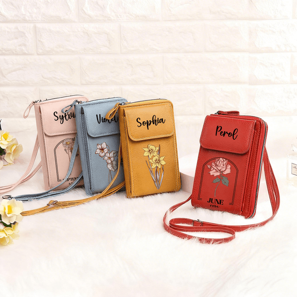 Henkilökohtainen Syntymä Flower PU Nahka Crossbody laukku lompakko nimi ja korttipaikat Travel tarvikkeet Syntymäpäivä joululahja naisille