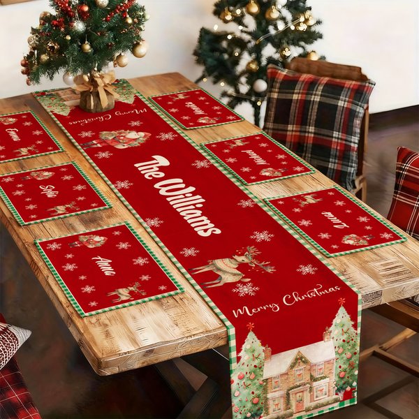 Personalized Santa Claus Reindeer Christmas Table Runner Matching Placemats Set with Family Name Christmas Gift for Family Friend