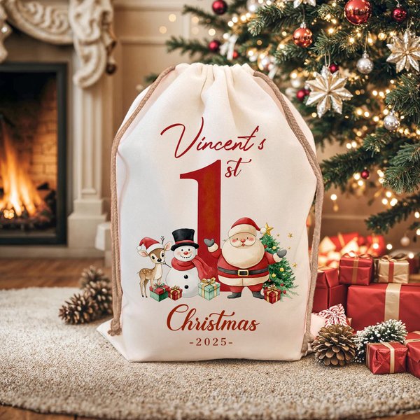 Personalized Cute Snowman Reindeer Santa Claus Canvas Drawstring Gift Bag with Name and Year First Christmas Party Favor for Baby