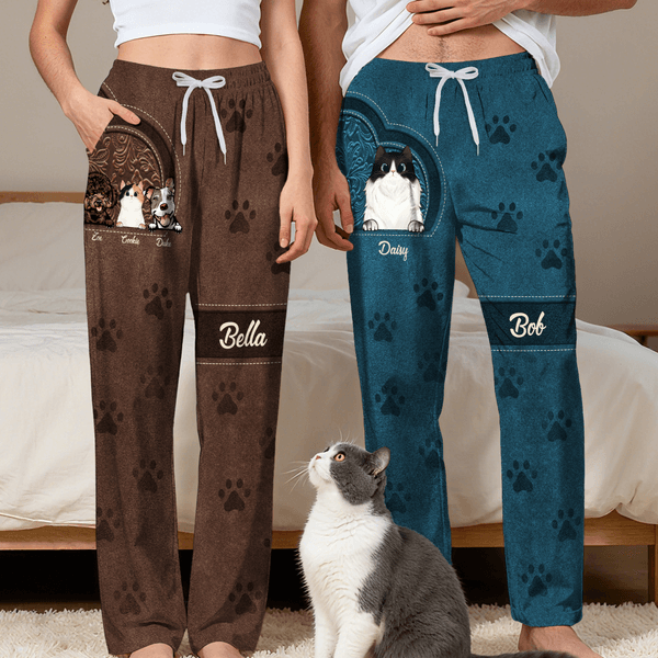 Personalised Multi-Colour Retro Cartoon 1-6 Dogs Cats Pyjama Pants with Names Homewear Birthday Gift for Pet Owners Lovers