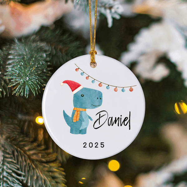 Personlig dinosaurie jultema keramisk prydnad med namn julgransdekoration julklapp för barn pojkar