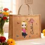 Borsa tote in juta personalizzata con nome fiore di nascita e personaggio in stile cartone animato regalo di compleanno e San Valentino per donne