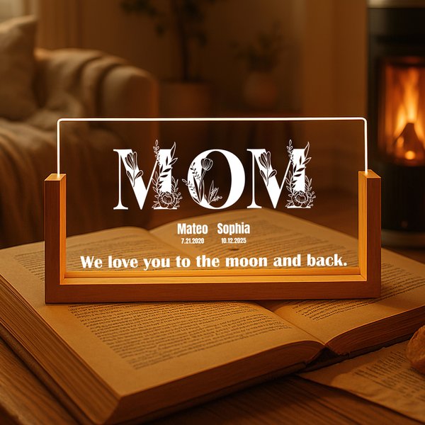 Personalised Floral Title Acrylic LED Night Light with 1-8 Names Dates Text and Wooden Base Home Decor Christmas Gift for Family