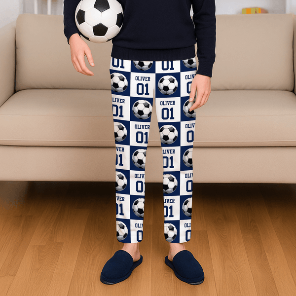 Pantalones de pijama personalizados con diseño de cuadrícula, elemento de pelota, nombre y número, inicial, cumpleaños, regalo de Navidad para niños amantes del deporte.