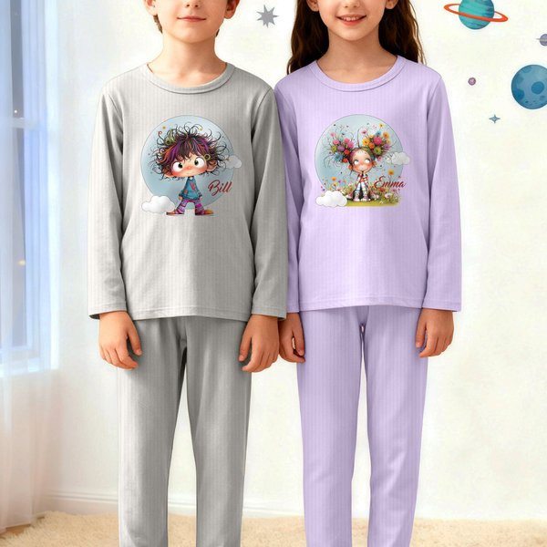 Pyjama en Coton 100 % Personnalisé avec Dessin Cartoon Garçon Fille et Nom Style Excentrique Cadeau Anniversaire et Noël pour Enfants