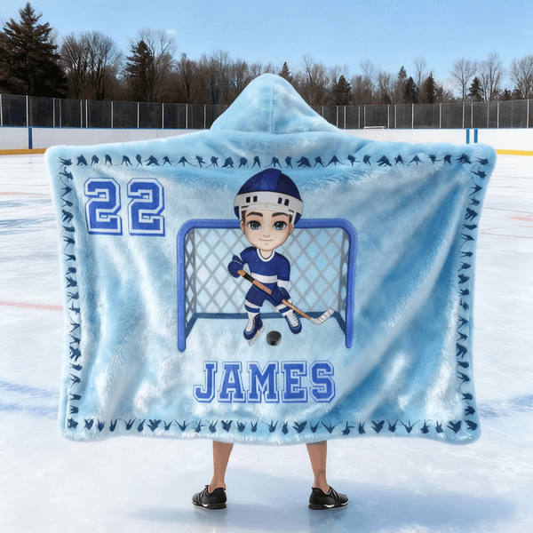 Gepersonaliseerde Cartoon Sport Karakter Zachte Hooded Deken met Naam en Nummer Verjaardag Kerstspel Cadeau voor Ijshockeyspelers Liefhebbers