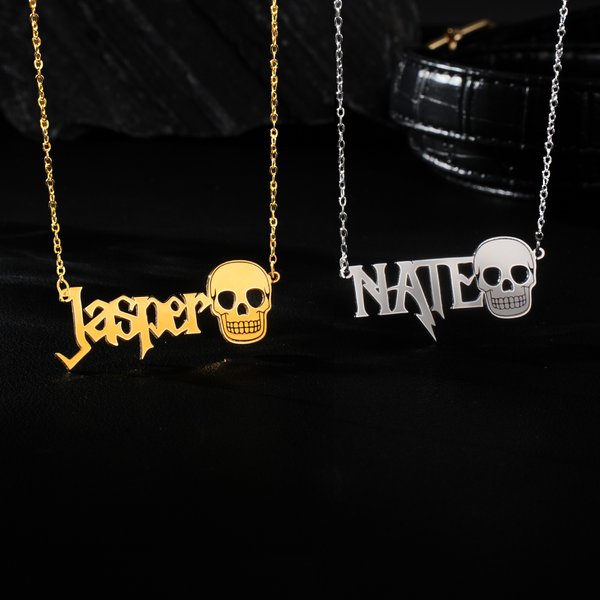 Personalised Skull Metal Rock Necklace with Name Stylish Jewellery Birthday Christmas Gift for Rockers Gothic Lovers