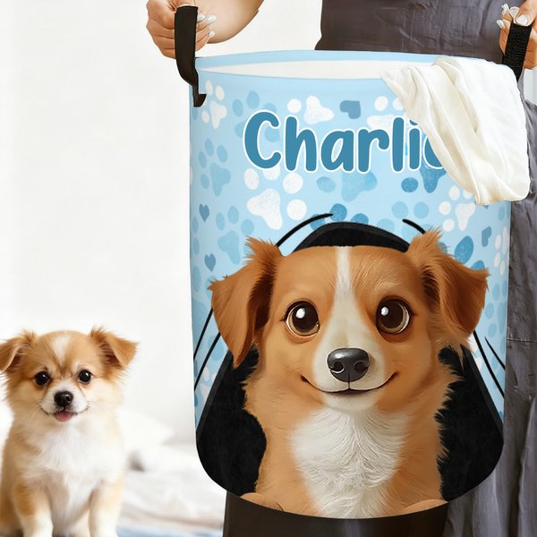 Personalisierter Spielzeugkorb mit Cartoon Hund und Namen | Faltbarer Wäschekorb | Geburtstag, Hauseinweihung, Adoption Geschenk für Hundebesitzer