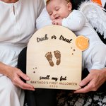 Personligt fotavtryck eller handavtryck Träkonstskylt med text Fladdermus Ghost Pumpa Barn DIY Craft Första Halloween-present till baby Nya föräldrar