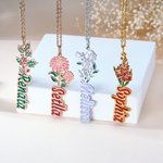 Personalised Multicolour Dainty Birth Flower Necklace with Name Birthday Anniversary Gift for Women Girls