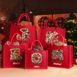 Personalised Merry Christmas Cute Elf Large Red Jute Tote Bag with Name and Initial Christmas Festival Party Gift for Kids