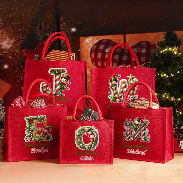 Personalised Merry Christmas Cute Elf Large Red Jute Tote Bag with Name and Initial Christmas Festival Party Gift for Kids