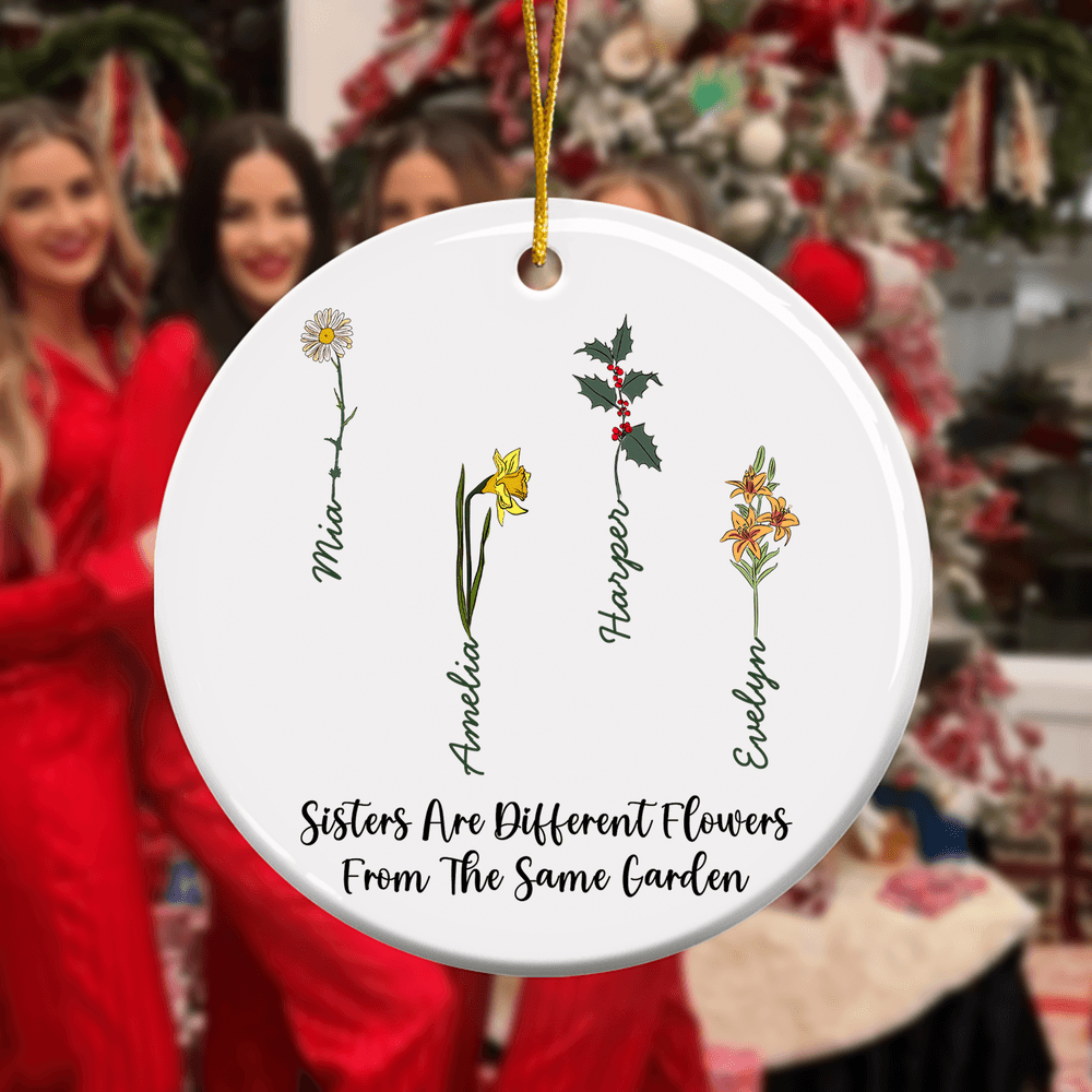 Personalised Birth Flower Heart Round Ceramic Ornament with Name Tree Decor Christmas Gift for Family Sister 5
