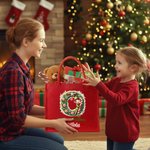Personalised Merry Christmas Cute Elf Large Red Jute Tote Bag with Name and Initial Christmas Festival Party Gift for Kids