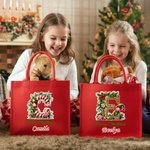 Personalised Merry Christmas Cute Elf Large Red Jute Tote Bag with Name and Initial Christmas Festival Party Gift for Kids