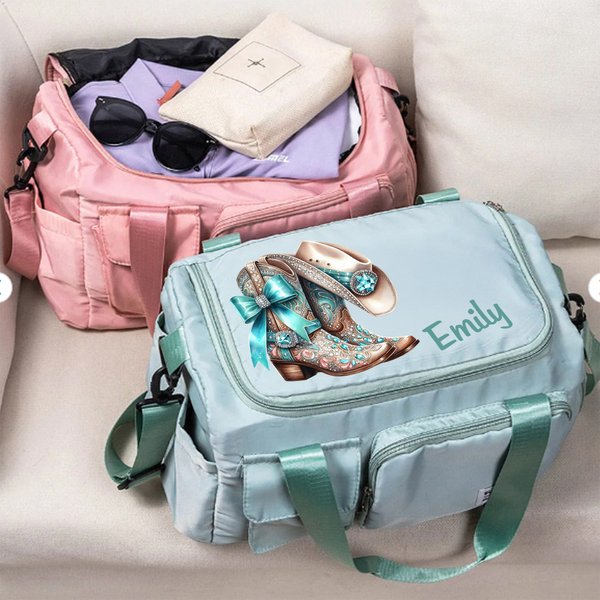 Personalised Vintage Jewellery Cowboy Boots Multi-Compartment Large Travel Bag with Name and Shoulder Strap Travel Birthday Gift for Women Cowgirls