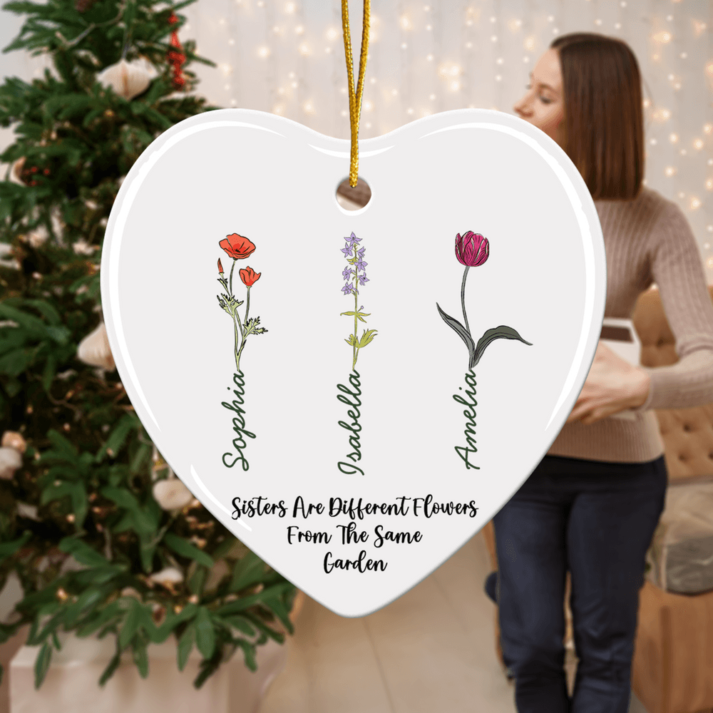 Personalised Birth Flower Heart Round Ceramic Ornament with Name Tree Decor Christmas Gift for Family Sister 3