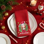Gepersonaliseerde Rode Katoenen Kerstservet met Naam Kerstkrans Cartoon Dieren Patroon Tafeldecoratie en Kerstcadeau voor Familie en Vrienden
