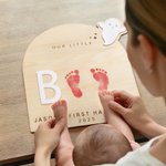 Personligt fotavtryck eller handavtryck Träkonstskylt med text Fladdermus Ghost Pumpa Barn DIY Craft Första Halloween-present till baby Nya föräldrar